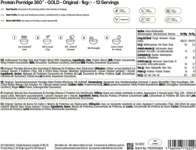 Detalle 2 de Protein Works Protein Porridge 360 – GOLD Innovation (1 kg, 13 Portionen) mit Vitaminen & Mineralien
