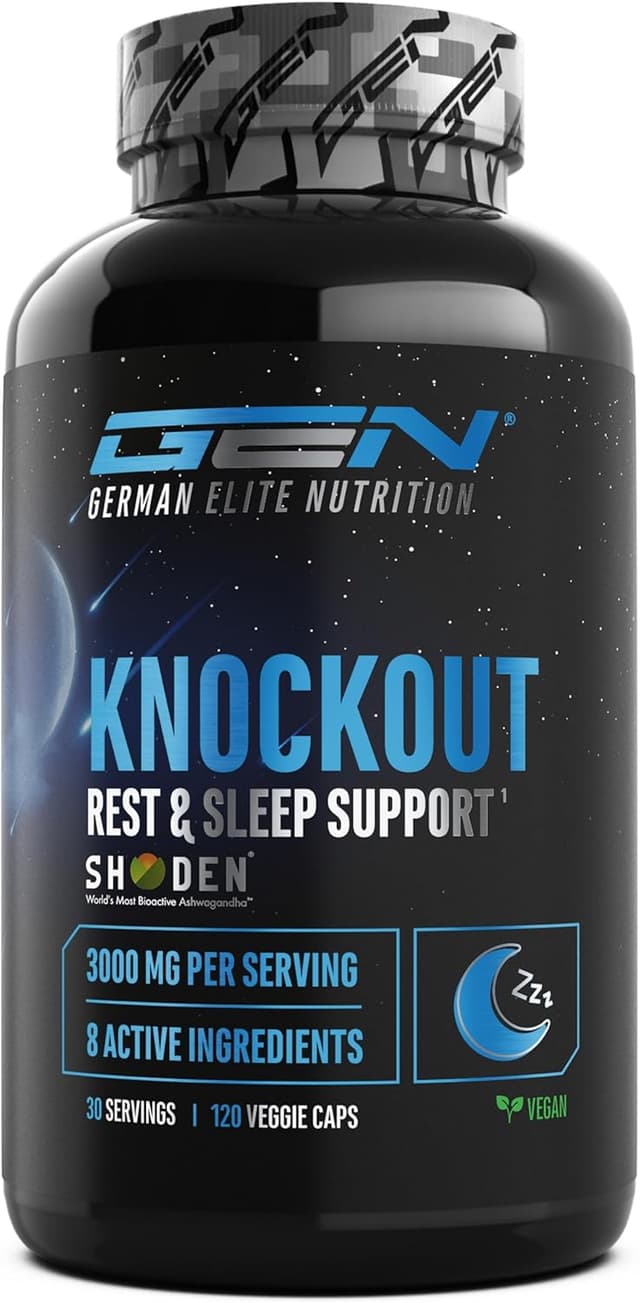 Detalle de Knockout Sleep & Recover Support (120 Kapseln, vegan) mit Shoden® Ashwagandha, Magnesium, L-Tryptophan und L-Theanin