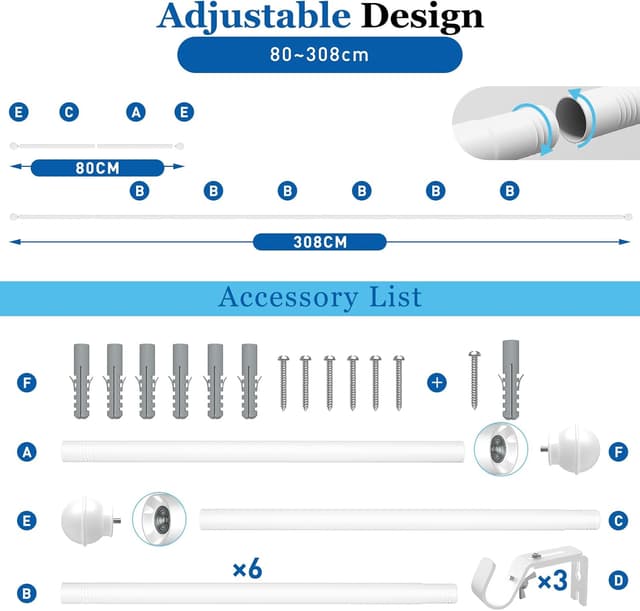 Thumbnail 6 de Yeabett Gardinenstange 80–308 cm ausziehbar 22 mm Rostfrei