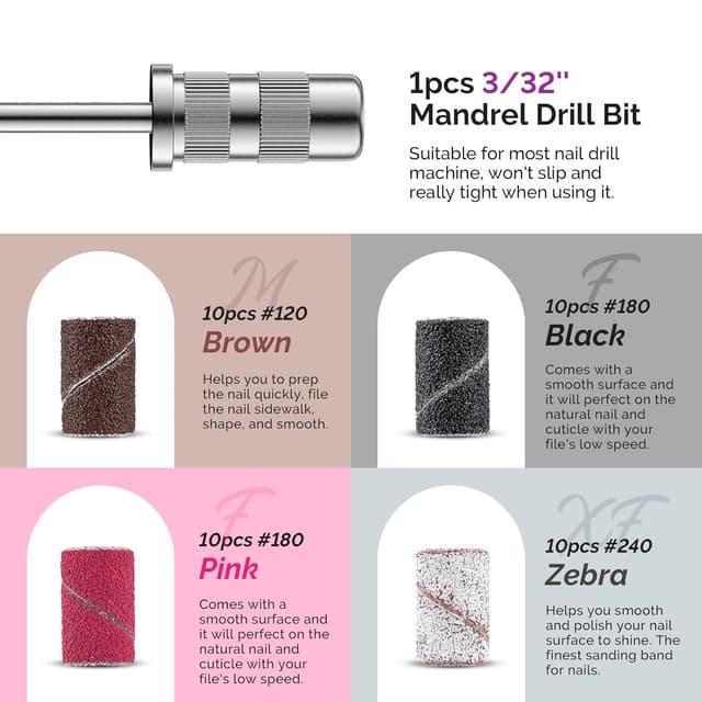 Detalle de MelodySusie Nagelfräser-Bits Set mit Diamantfräsern, 10 Bits + 40 Schleifhülsen + 6,65 mm Mandrel
