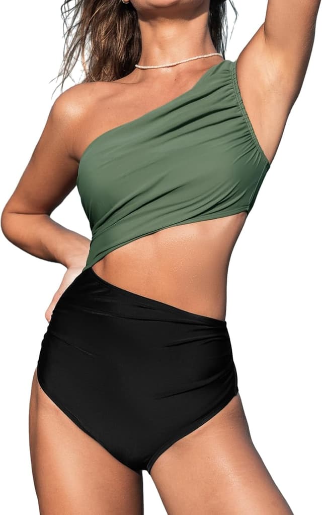 Detalle de CUPSHE Costume da bagno intero da donna monospalla color block con ritaglio laterale increspato