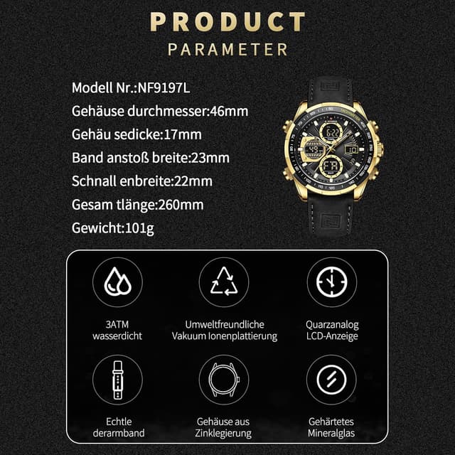 Detalle 2 de Naviforce Herren Militär Digitaluhr mit analogem Quarzwerk, wasserdicht bis 30 m, Lederarmband