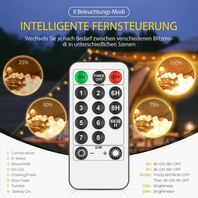 Detalle de kozamas LED Kugel-Lichterkette 15 m (100 LED) warmweiß, IP44 – 8 Modi für Außen & Innen