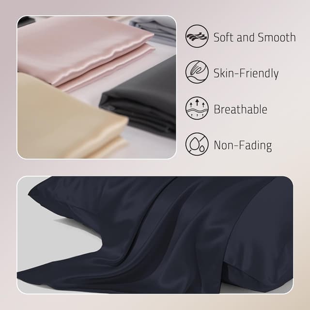 Detalle 2 de Gabire Mulberry Silk Pillowcases Set of 2 (Navy), Hidden Zipper, Standard 20"×26
