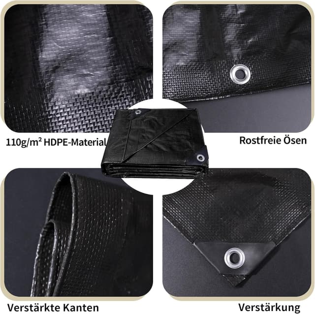 Detalle de COVALL Abdeckplane 4x4 m mittelstark 110 g/m² – wasserdicht, UV-beständig (Schwarz)