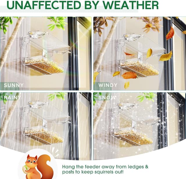 Detalle 1 de WELDUN Window Bird Feeder with clear plastic viewing, 2 water bowls and removable trays