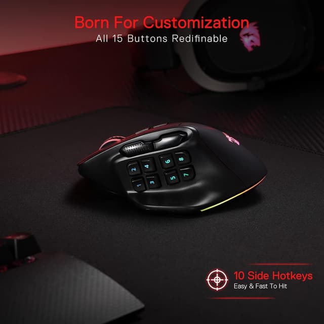 Detalle 2 de Redragon M811 Pro Souris de jeu MMO sans fil : 15 boutons programmables et RVB
