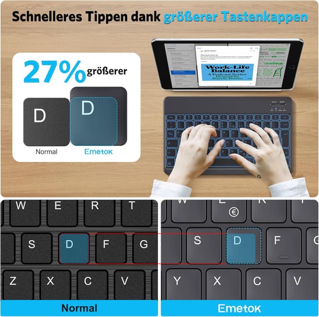 Detalle de Emetok deutsche Bluetooth Tastatur – kabellos, wiederaufladbar, 7-farbige Hintergrundbeleuchtung, schwarz