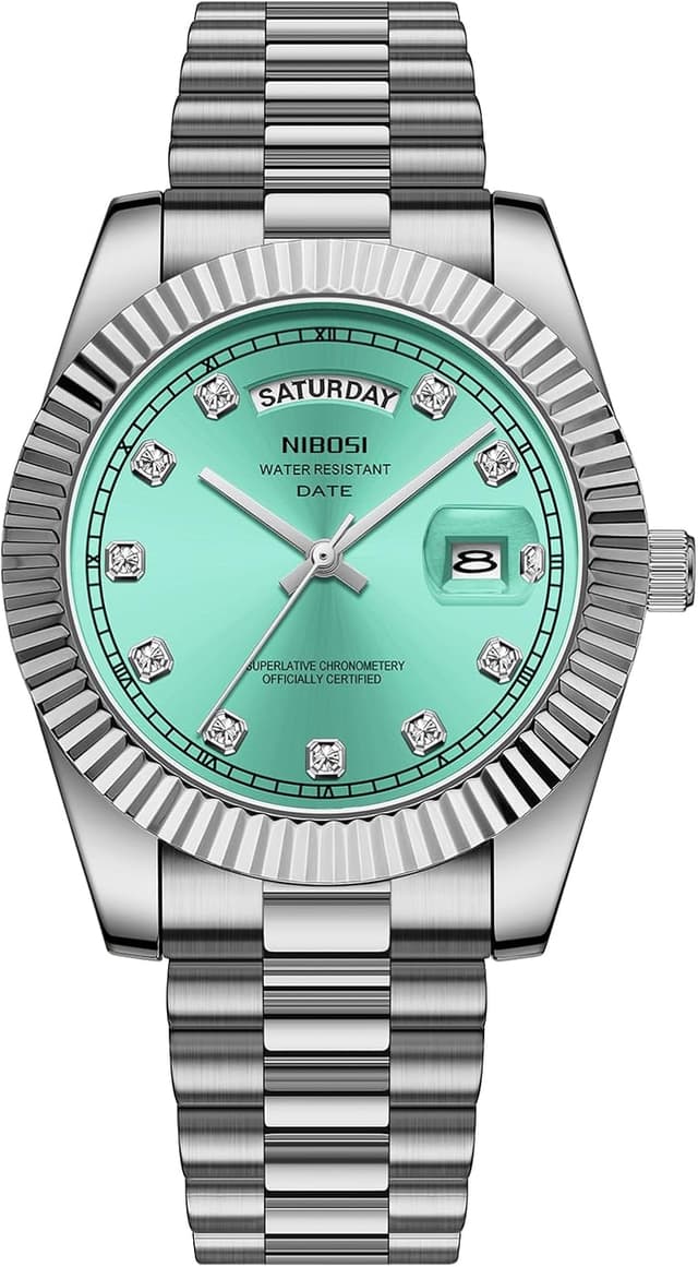 Detalle de NIBOSI Herrenarmbanduhr mit analogem Quarzwerk, Edelstahlband, Tag- und Datumsanzeige (3 ATM)
