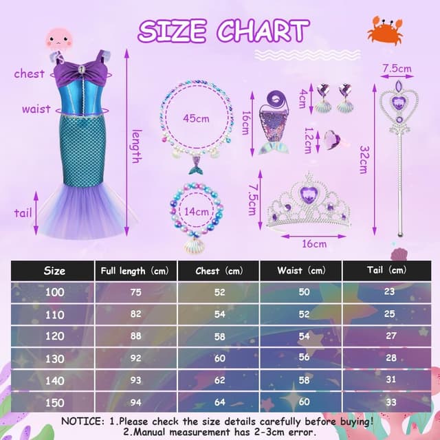 Detalle de AYBUY Vestito Sirenetta Bambina con corona, scettro e gioielli: costume da principessa sirena per Halloween, Natale e compleanno