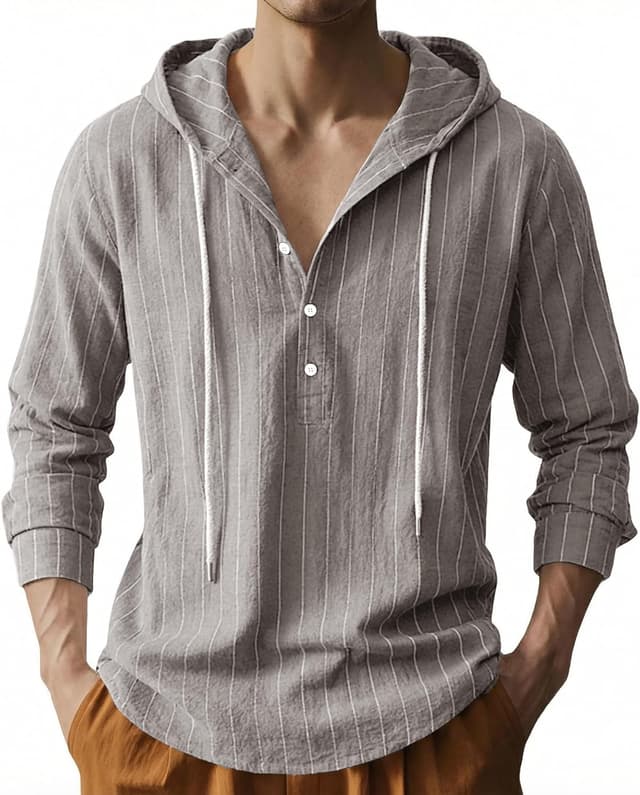 Thumbnail 6 de TRFIC Men’s Cotton Linen Hooded Long Sleeve Button-Down Shirt for Casual, Beach & Yoga