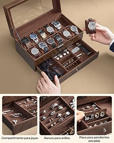 Detalle de SONGMICS JWB012K01: caja de reloj de 2 niveles con tapa de cristal para 12 relojes