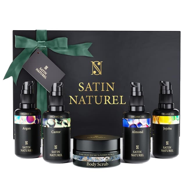 Detalle de Satin Naturel luxuriöses Geschenkset mit Bio-Arganöl, Bio-Rizinusöl, Mandel- & Jojobaöl sowie Body Scrub aus Totes Meer Salz