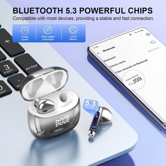 Detalle 2 de Bluetooth 5.3 In-Ear-Kopfhörer mit ENC & 48 Std Spielzeit – kabellose Ohrhörer (Schwarz)