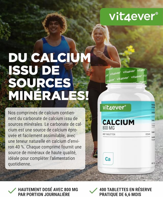 Detalle de vit4ever Calcium 800 mg (carbonate de calcium) – 400 comprimés, 6,6 mois de réserve
