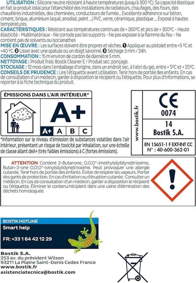 Detalle 2 de Bostik SILTEMPERATURE 300°C – mastic silicone haute températures noir en cartouche 300 ml