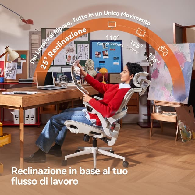 Detalle 2 de SIHOO B100 sedia ergonomica da ufficio con supporto lombare dinamico, poggiatesta e reclinazione 90–135° (bianca, senza poggiapiedi)