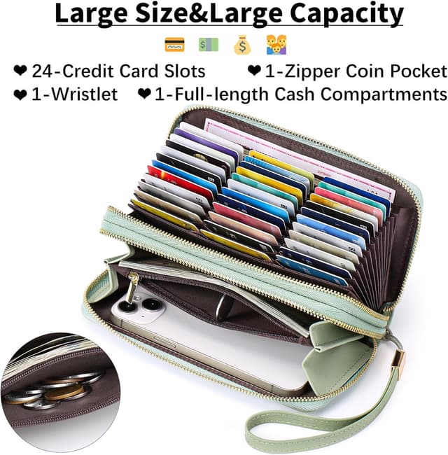 Detalle de FALAN MULE Damen-Geldbörse aus Leder mit RFID-Schutz, großes Portemonnaie mit Doppel-Reißverschluss und 24 Kartenfächern