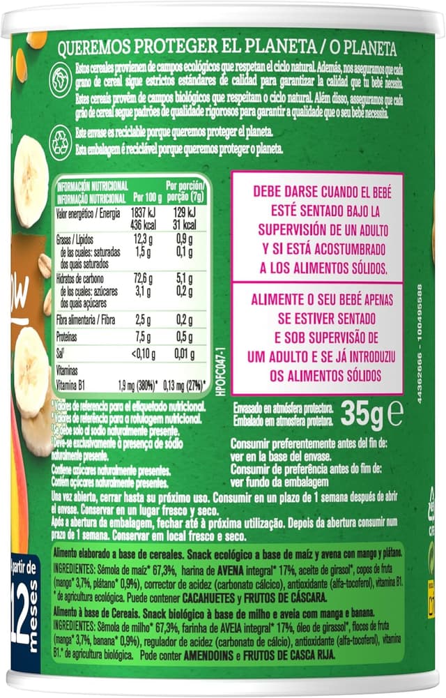 Thumbnail 4 de Gerber Organic Snack Mango, Maíz y Avena, 5 latas de 35 g 🌱