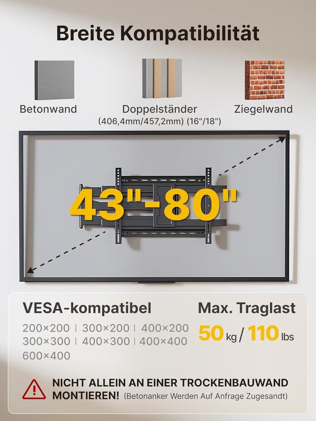 Detalle 2 de monTEK Langarm 1067 mm TV-Wandhalterung für 43–80 Zoll bis 50 kg (ausziehbar, schwenk- und neigbar, max. VESA 600×400)
