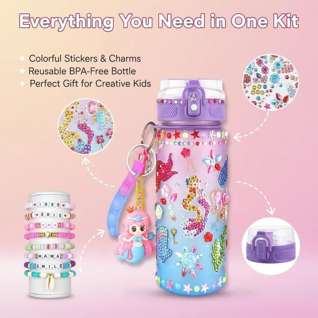 Detalle de Sanilinwild girls’ 600ml mermaid DIY water bottle kit (decorate + friendship bracelet)