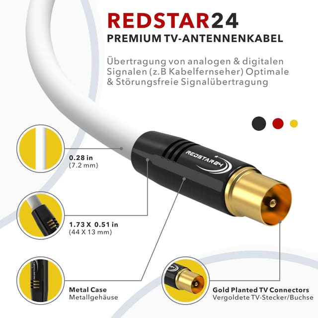Detalle 2 de RedStar24 Antennenkabel 30 m in Weiß – Koaxial IEC Stecker auf Buchse für DVB-T/T2, DVB-C, DAB