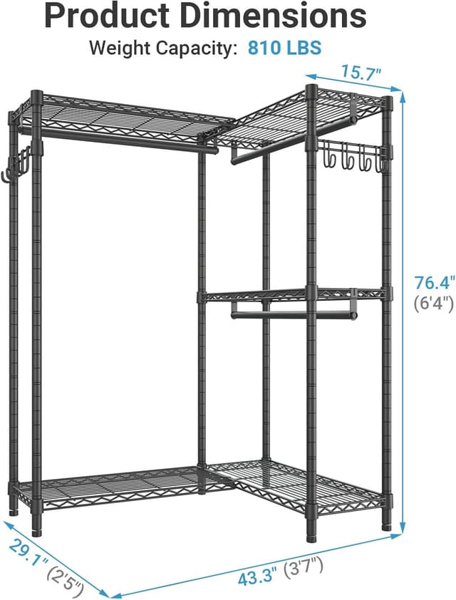 Detalle de VIPEK L4 L-Shaped Garment Rack for Corner Storage with 3 Hanging Rods, 2 Side Hooks (Freestanding)