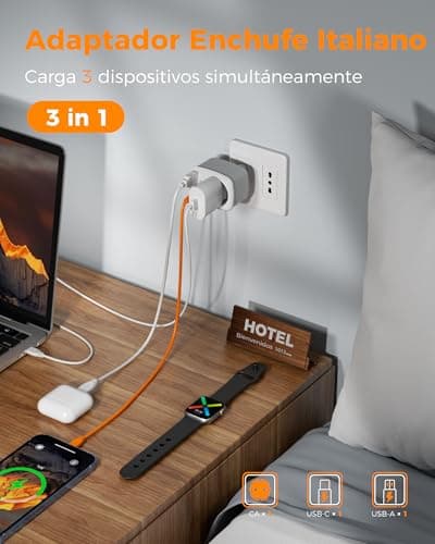 Detalle de TESSAN Adaptador Enchufe Italiano con 1 USB C y 1 USB A (Tipo L)