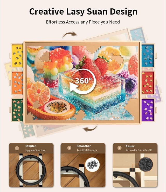 Detalle de 1500-Piece Wooden Puzzle Board (34" x 25") with 6 Drawers, Felt Trays & 360° Lazy Susan