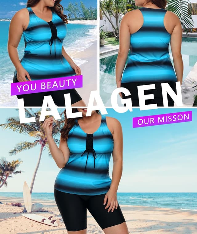 Detalle 2 de LALAGEN Women’s 2026 Plus Size Tankini Rash Guard Capris Two-Piece Swimsuit (S–5X)