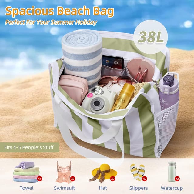 Detalle de KALIDI FANCY FOREST Strandtasche XXL Familie – wasserdichte Badetasche mit Reißverschluss (38 l)