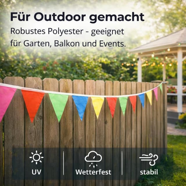 Detalle de XXL 100 Meter Wimpelkette bunt – Girlande für Garten & Party (Innen & Außen)