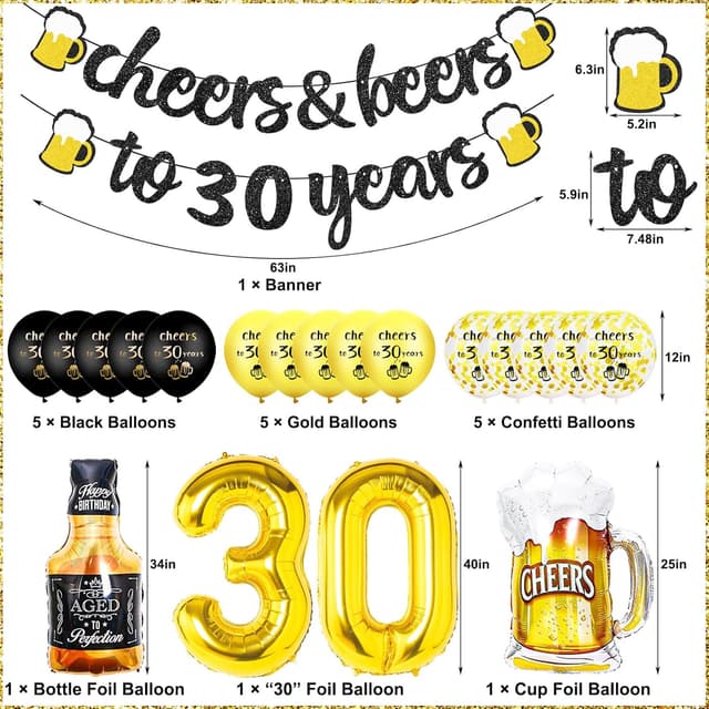 Detalle de 30th Birthday Decorations set with black & gold “cheers to 30 years” banner and 30 foil number balloons