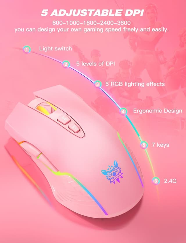 Detalle 2 de ONITOON Wireless Gaming Mouse in Pink (2.4G) with RGB, 5 DPI levels and USB-C recharge