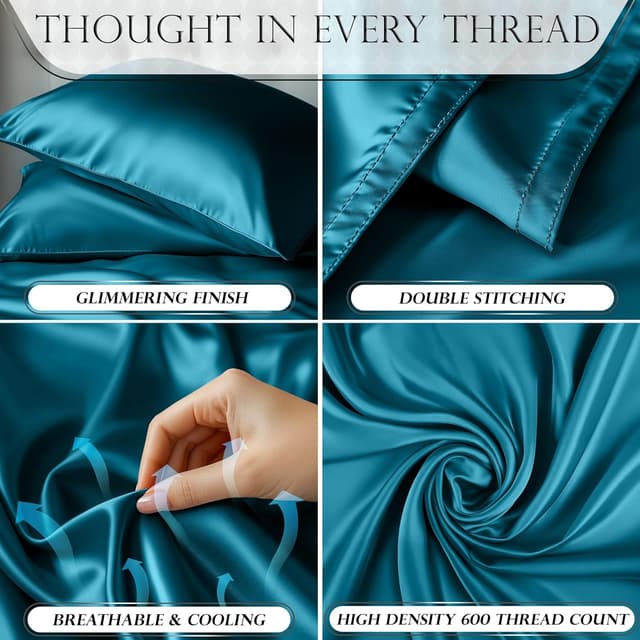 Detalle de DECOLURE Satin Bed Sheets (4-Piece) for King Beds—Softer-Than-Silk, Wrinkle-Free, 15” Deep Pocket Set (Sea Teal)