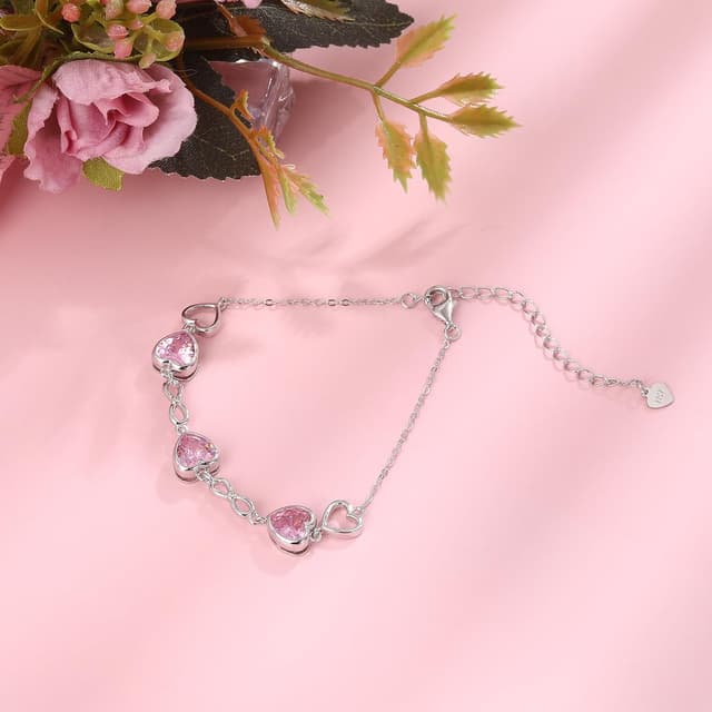 Thumbnail 1 de Qings 3 Herz Geburtsstein Armband für Damen aus Sterlingsilber (Infinity) – verstellbar mit Zirkonia Charm