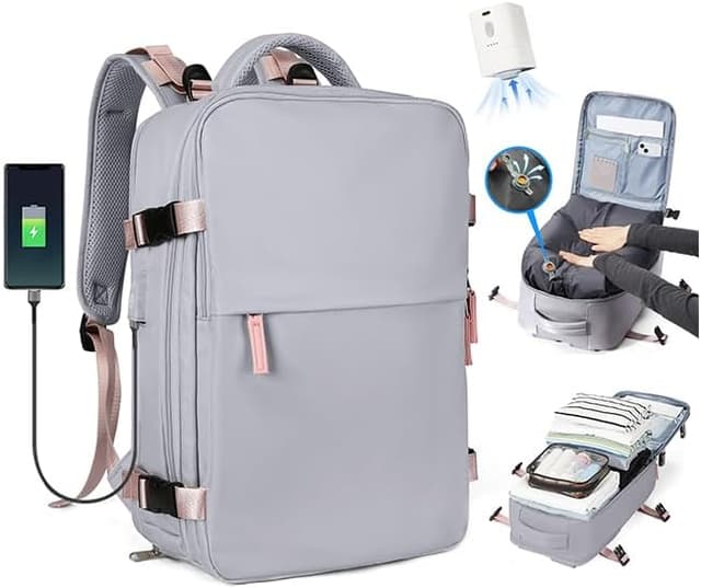 Detalle de SZLX Vakuum-Rucksack fürs Ryanair- & Wizz-Air-Handgepäck (40×30×20 cm) mit Pumpe, Laptopfach (bis 14 Zoll) und Schuhfach