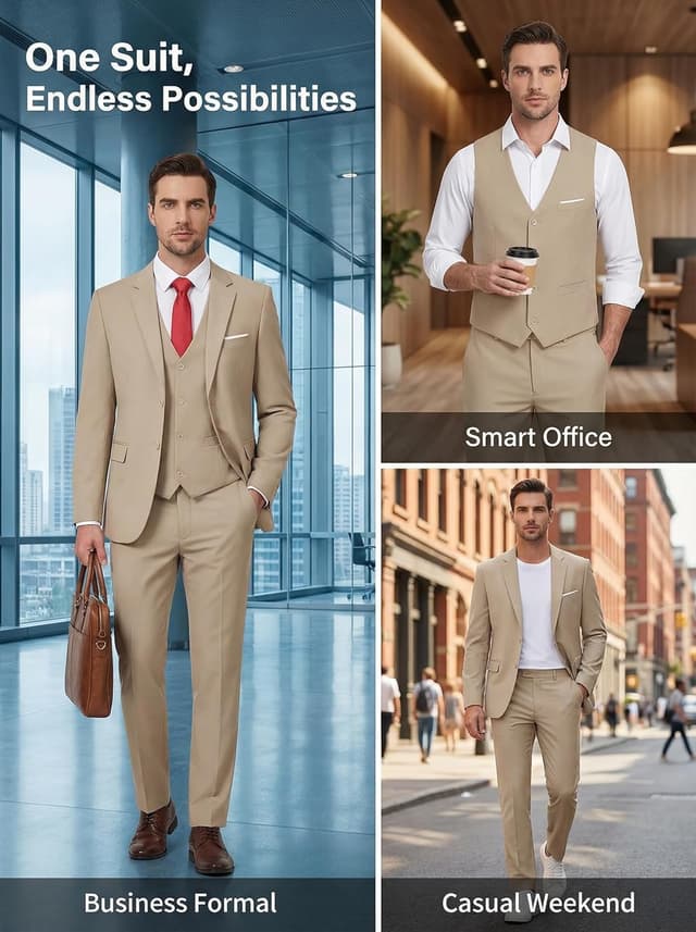 Detalle 2 de Furuyal Men’s 3-Piece Slim Fit Suit Set (Two-Button Blazer + Vest + Pants) — Wedding, Business & Formal Wear