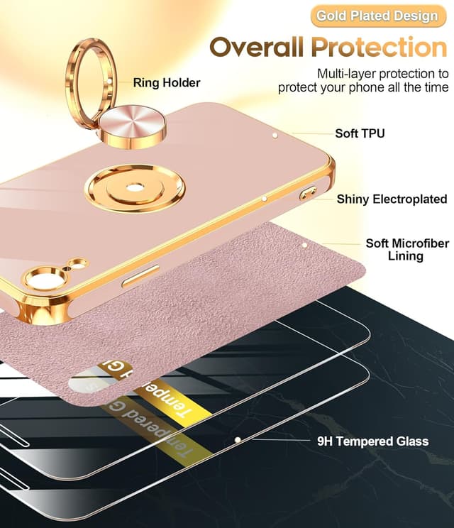 Detalle de LeYi iPhone XR Case with Tempered Glass Screen Protector (2-Pack) 360° Magnetic Kickstand Ring Holder, Rose Gold Edge, Pink