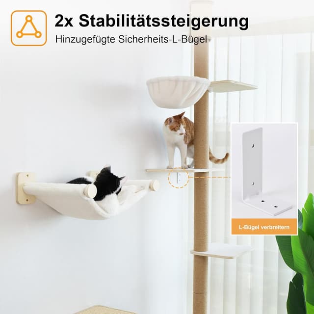 Detalle de FUKUMARU Kratzbaum mit 4 Etagen bis zur Decke (250–274 cm), wandmontiert, Jute & Hängematte – beige