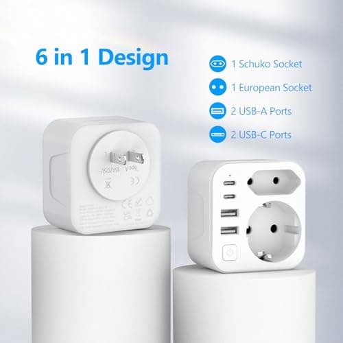 Detalle de JSVER Adaptador de viaje para Japón con 4 puertos USB (2x USB-A y 2x USB-C) y enchufe tipo A bidireccional