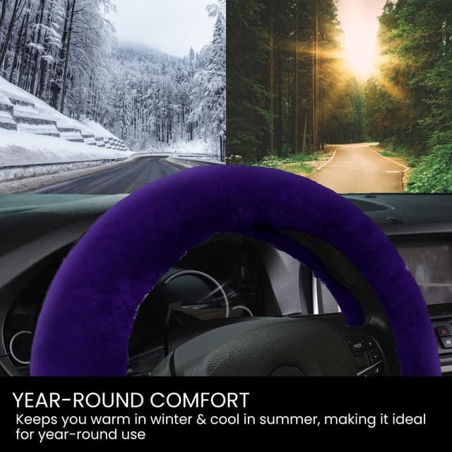 Detalle de Andalus Brands Luxury Fluffy Car Steering Wheel Covers (Genuine Merino Sheepskin) – Dark Purple Universal 14.5–15
