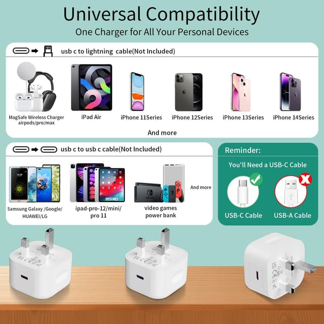 Thumbnail 5 de USB C Plug 3 Pack MFi Certified 20W UK Type Charger for iPhone & Galaxy ⚡