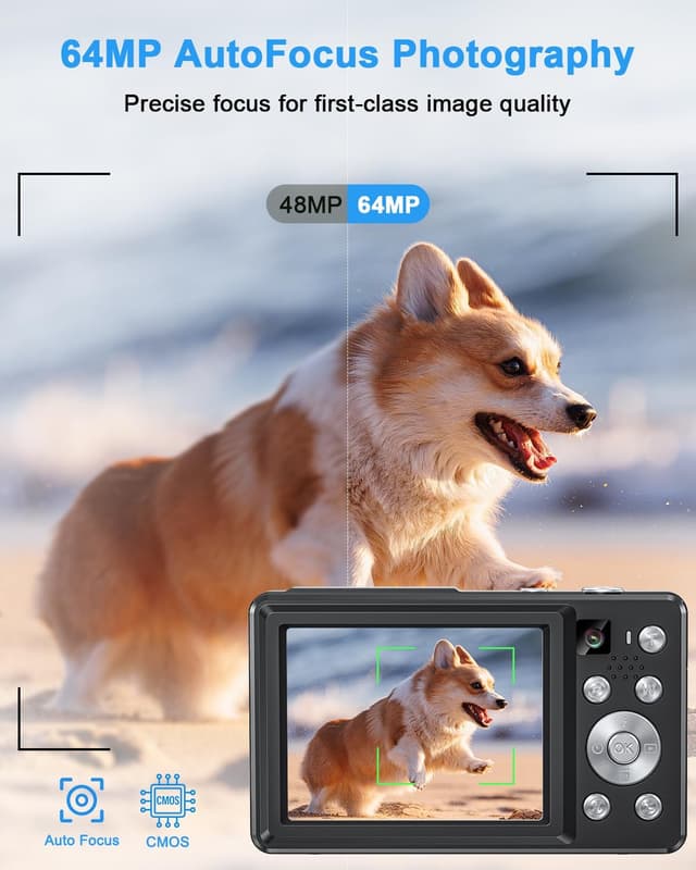 Detalle 2 de Camkory 4K 64MP Digital Camera (Compact Point-and-Shoot with Dual Camera, Auto Focus, 16X Zoom) — Black