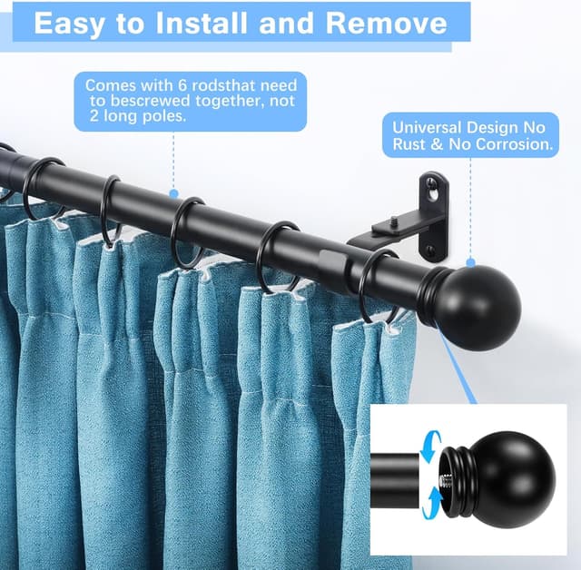 Detalle de AMZSEVEN Adjustable Curtain Rods for Windows (16 to 92 Inches, up to 104 IN Max) — Round Finials, Black