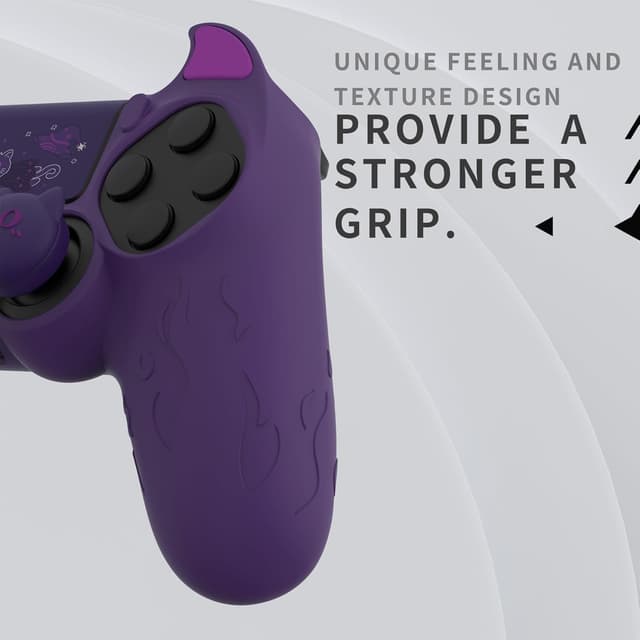 Detalle de PlayVital Protection silicone cover for PS4 controller with joystick cap set (purple demon design)