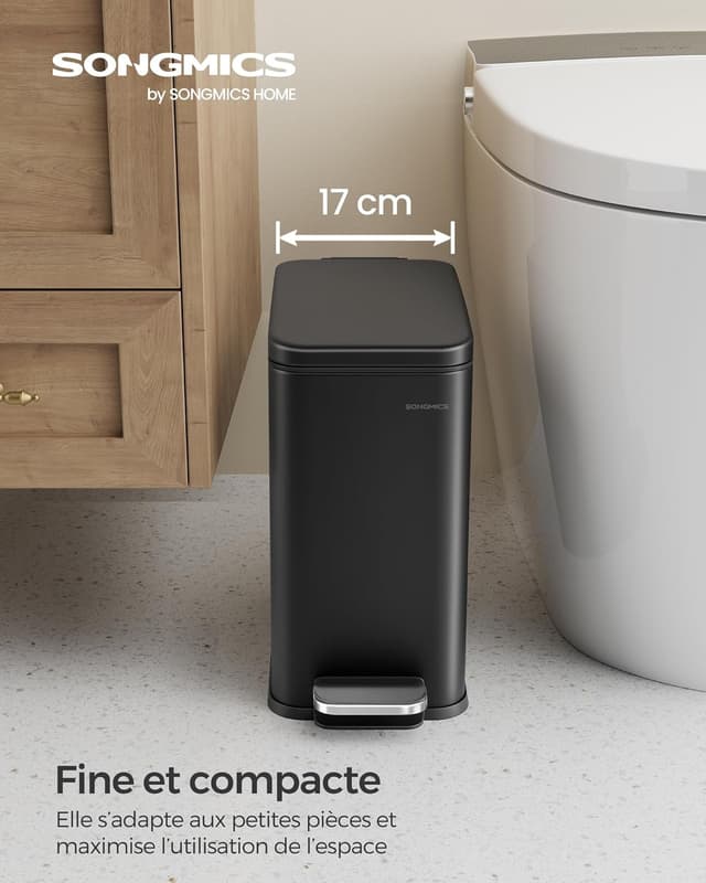 Detalle 2 de SONGMICS LTB561B10 : poubelle de salle de bain à pédale 10L, compacte en acier noir