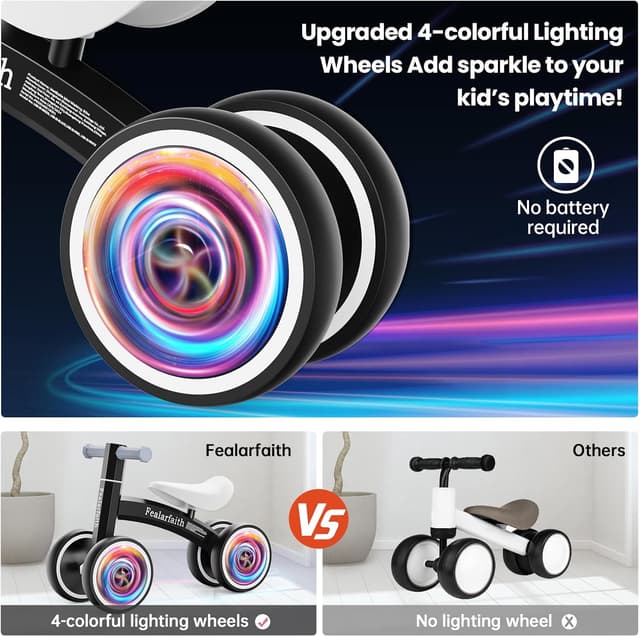 Detalle de Baby Balance Bike for 1 Year Olds (10-36 Months) with 4 LED Lighting Wheels, Enclosed Wheels & Steering Limit (Black)
