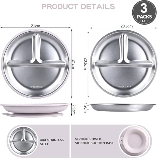 Detalle 2 de Greentainer 3 Pack Stainless Steel Divided Plate with Suction Base (Pink) – Baby-Led Weaning toddler feeding set