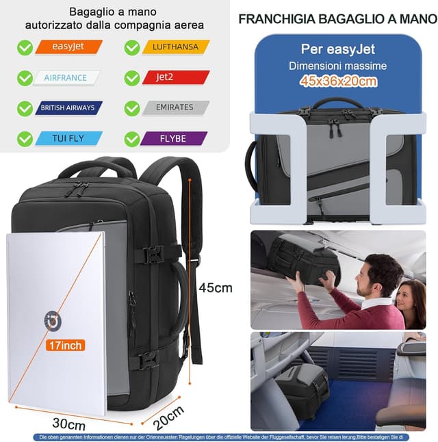 Detalle de Hafmall Baggage Cabine 45x30x20 pour Easyjet : sac à dos cabine 30 L noir et gris